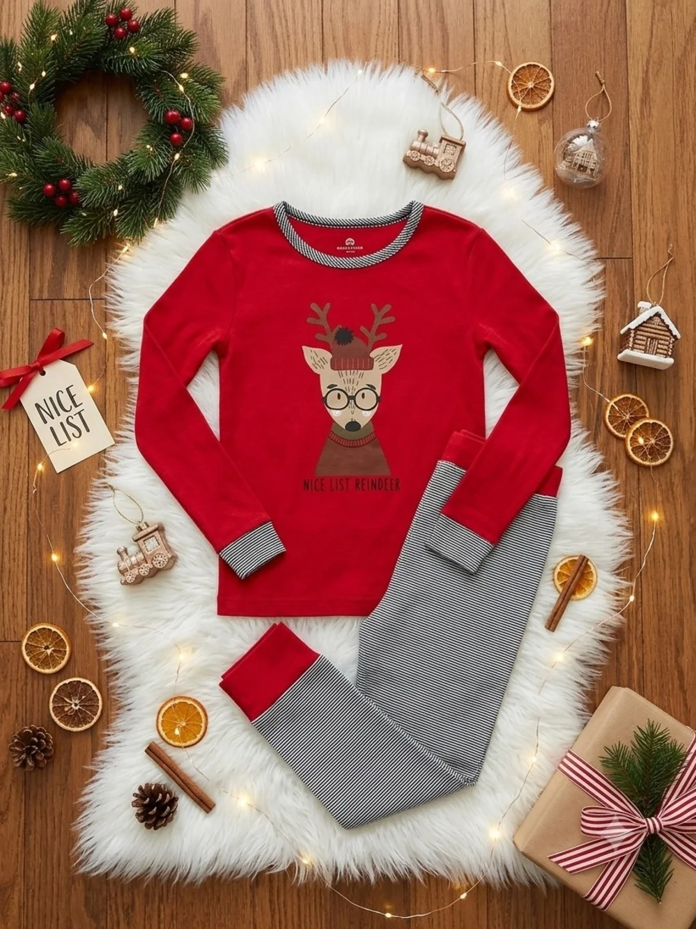 Isaac Mizrahi Red Reindeer Kids Pajama Set with Black & White Striped Pants